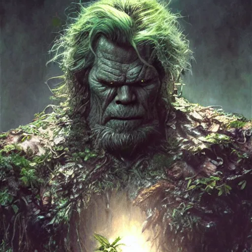 Prompt: ( nick nolte ) as swamp thing at dusk, misty athmosphere, ultra realistic, concept art, intricate details, eerie, highly detailed, photorealistic, octane render, 8 k, unreal engine. art by ed blinkley andartgerm and greg rutkowski and alphonse mucha