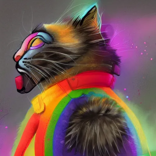 Image similar to wide angle full body, jacket wearing fluffy cute rainbow kitten wearing a black leather motorcycle jacket, riding on a motorcycle, cinematic concept art