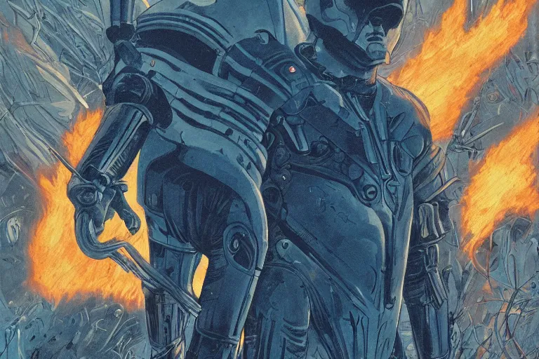 Image similar to an illustrated graphic novel image of a giant elon musk in blue battle armor walking toward the camera with fire and an explosion of dozens of blue birds, h.r. giger, ross tran