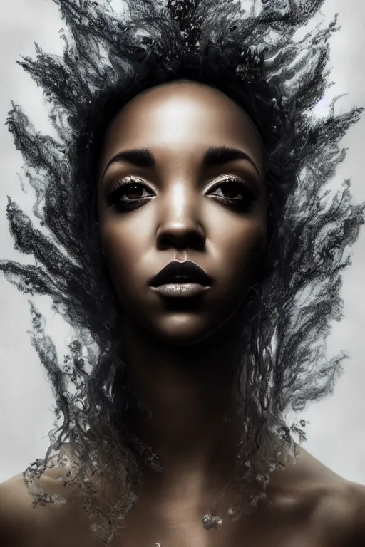 Prompt: a photorealistic portrait of tinashe as mysterious dark goddess of death, realism, clouds, swirling fabric, elaborate ornate growth, gilded relief, trending on artstation, by alessio albi