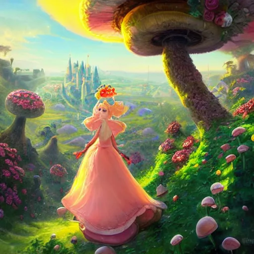 Image similar to portrait of princess peach, running up a hill of exotic flowers in the Mushroom Kingdom, giant mushrooms, and roses, from behind, Castle in distance, birds in the sky, sunlight and rays of light shining through trees, beautiful, solarpunk!!!, highly detailed, digital painting by Michael Garmash and Peter Mohrbacher