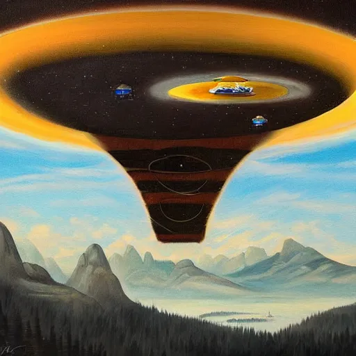 Image similar to HR Geiger painting alien mothership flying over the top of the Rocky Mountains