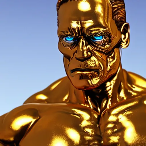 Prompt: Golden Arnold Schwarzenegger's Terminator Statue, mountain, Photography, Golden Hour, Wide Angle, Lens Flare, 3D, 4k, Adobe RGB, Angelic, Sunlight, Liquid Metal, insanely detailed and intricate, hypermaximalist, elegant, ornate, hyper realistic, super detailed,