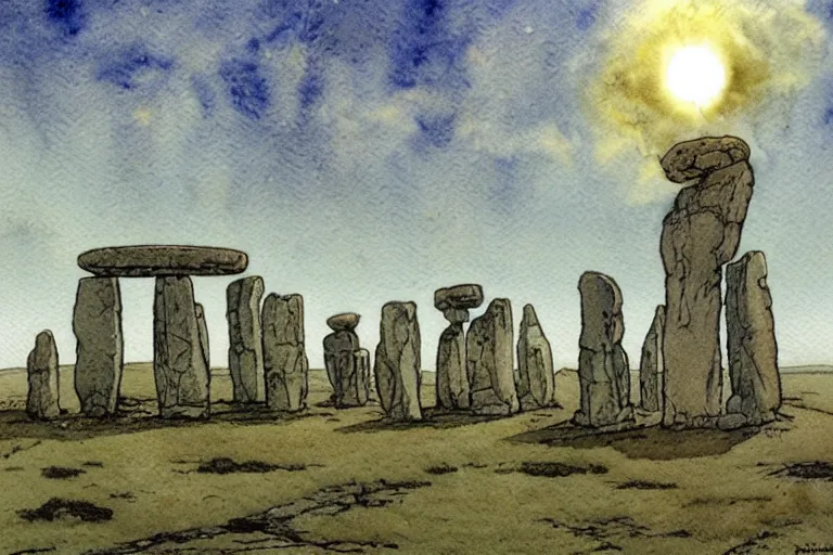 Image similar to a realistic and atmospheric watercolour fantasy concept art of a ufo landing in a tiny stonehenge. one dirty medieval monk in grey robes is pointing up at the ufo. muted colors. by rebecca guay, michael kaluta, charles vess and jean moebius giraud