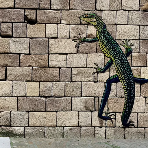 Image similar to a lizard, vhils, stone, wall