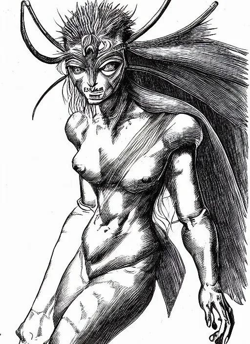 Image similar to line art pencil drawing of medieval half insect half woman chimera, very exaggerated fisheye perspective, art by shinichi sakamoto and kentaro miura