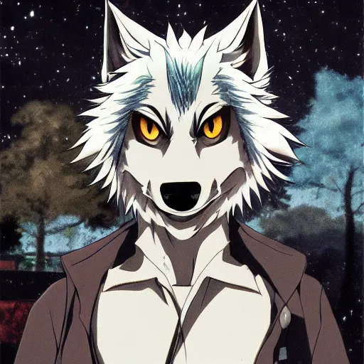 Image similar to key anime visual portrait of an anthropomorphic anthro wolf fursona, in a jacket, with handsome eyes, official modern anime art