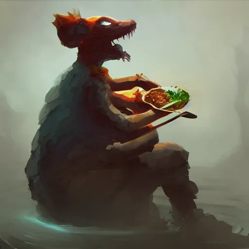 Image similar to interloper consuming food digital art in the style of greg rutkowski and craig mullins, 4 k