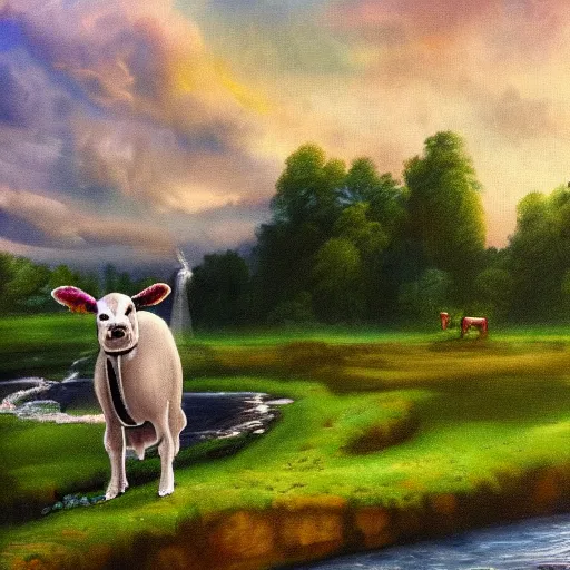 Prompt: A digital painting of a mossy cow in Moscow looking at a river. The cow is holding a wineskin and wears a rucksack. Husky dogs are swimming in the river.