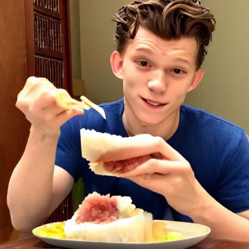 Prompt: Tom Holland eating spam musubi