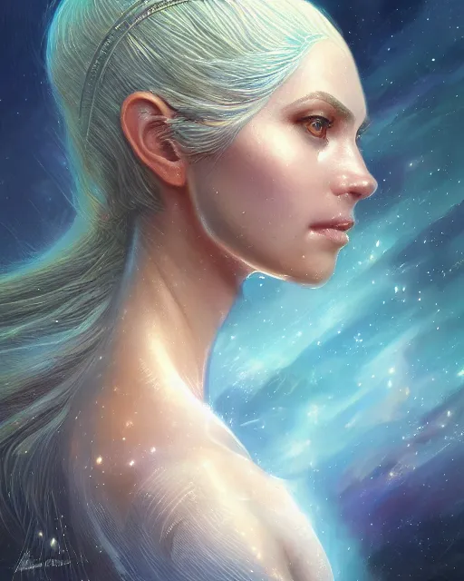 Image similar to close up portrait of a beautiful pleiadian starseed, fantasy, intricate, elegant, highly detailed, digital painting, artstation, concept art, smooth, sharp focus, illustration, by artgerm and greg rutkowski