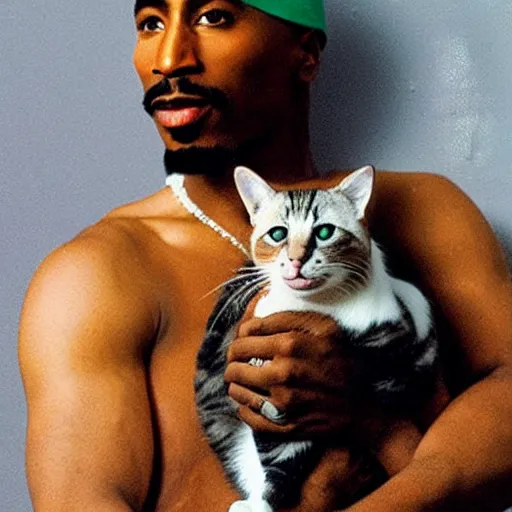 Prompt: tupac holding a cat, 4 k