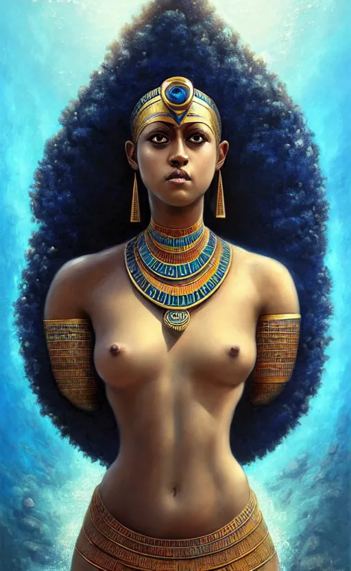 Prompt: dark blue skin, nathalie emmanuel as egyptian goddess, hatshepsut, sea, underwater background, portrait, highly detailed, digital painting, artstation, concept art, sharp focus, illustration, orientalism, art by aleksi briclot and mohrbacher and raphael lacoste and magali villeneuve