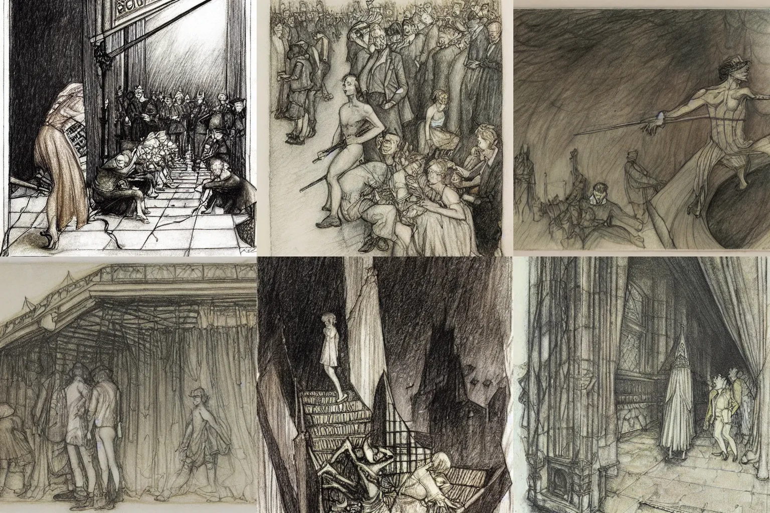 Prompt: a metaphor for the division and destruction of social order, pencil drawing by arthur rackham, edward hopper and milo manara