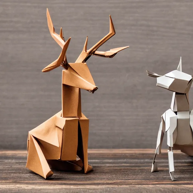 Prompt: a photograph of a deer origami and a robot origami on top of a wooden table