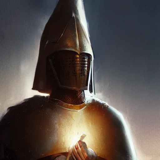 Prompt: A closeup of a holy knight by Greg Rutkowski, 4k photorealistic, volumetric lighting, HD, high details, dramatic, trending on artstation