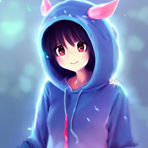 Image similar to advanced anime character art render, beautiful anime girl wearing a whale hoodie outfit , Rossdraws, WLOP , Sakimimichan