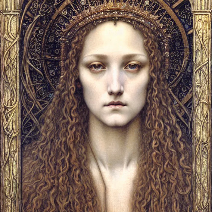 Image similar to detailed realistic beautiful young medieval queen face portrait by jean delville, gustave dore and marco mazzoni, art nouveau, symbolist, visionary, gothic, pre - raphaelite. horizontal symmetry