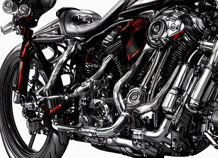 Image similar to cybernetic harley davidson, hyperrealism, lens glare, trending on artstation, intricate, 8 k, high detail