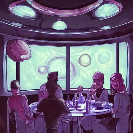 Prompt: The restaurant at the end of the universe, inside a spaceship, planets are visible through the window. Dark nebula in the background. Digital painting. Trending on Pinterest, ArtStation