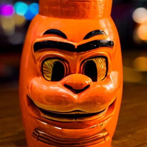 Image similar to a closeup photorealistic photograph of an orange cat garfield style tiki mug sitting at a trader vic's bar featuring garfield's face. tiki party. bright scene. fine detail. this 4 k hd image is trending on artstation, featured on behance, well - rendered, extra crisp, features intricate detail, epic composition and the style of unreal engine.