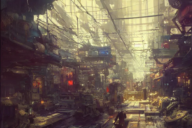 Image similar to cyberpunk market interior, intricate, elegant, highly detailed, john park, craig mullins, sparth, ruan jia, jeffrey catherine jones