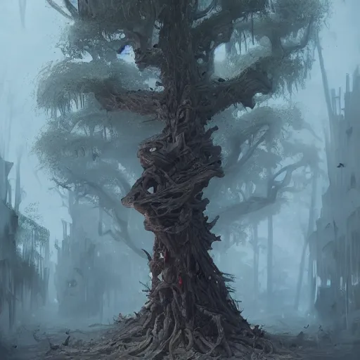 Image similar to a tree in the shape of a corpse, by greg rutkowski, trending on art station, highly detailed, magic the gathering, matte painting