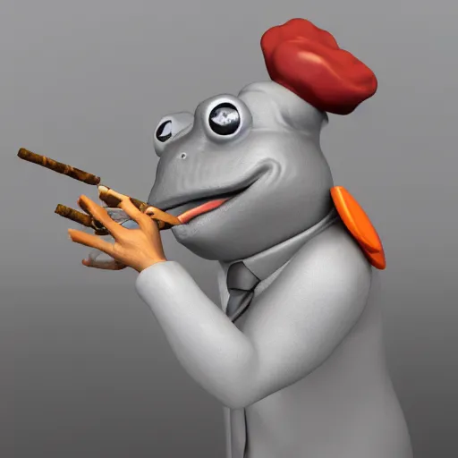 Image similar to a high quality photo of an antropomorphic frog wearing a suit smoking a cigar cigar cigar cigar, 3d scene, render, ultra realistic, artstation, cgsociety