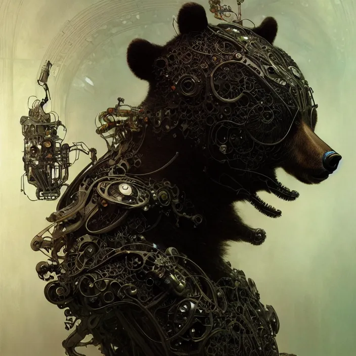 Image similar to organic cyborg, anthropomorphic asian black bear, diffuse lighting, fantasy, intricate, elegant, highly detailed, lifelike, photorealistic, digital painting, artstation, illustration, concept art, smooth, sharp focus, art by John Collier and Albert Aublet and Krenz Cushart and Artem Demura and Alphonse Mucha