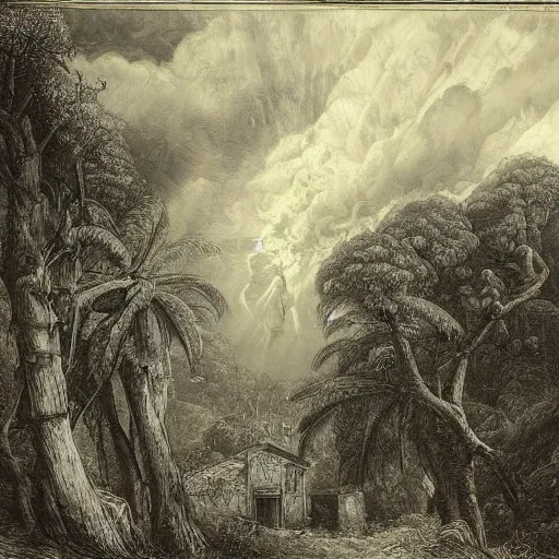 Prompt: a small italian village on a hill, in the midst of the amazon forest. italian architecture, huge tropical trees, dark, atmospheric, stormy weather, gustave dore 1 8 6 5