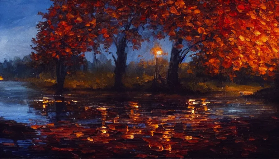 Prompt: an oil painting of a beautiful woman melting into a peaceful river at night, slightly dark, it's autumn and a gentle breeze is moving leaves around, cinematic lighting, establishing shot, art station