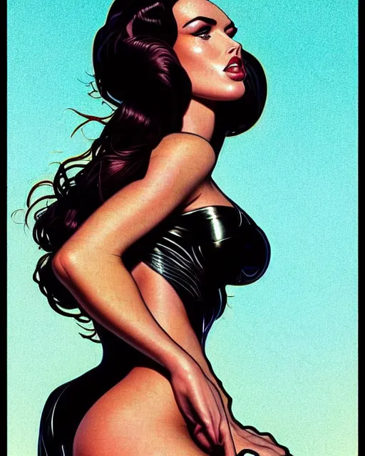 Prompt: low angle closeup very seductive megan fox retro scifi goddess pinup, vr goggles, action glamour pose, windblown dark hair, hyper detailed, digital art, studio lighting, smooth, ambient lighting, sharp focus, frank miller, wlop, fritz willis, anna dittmann, moebius!, alphonse mucha, patrick nagle!!!, rim lighting, synthwave