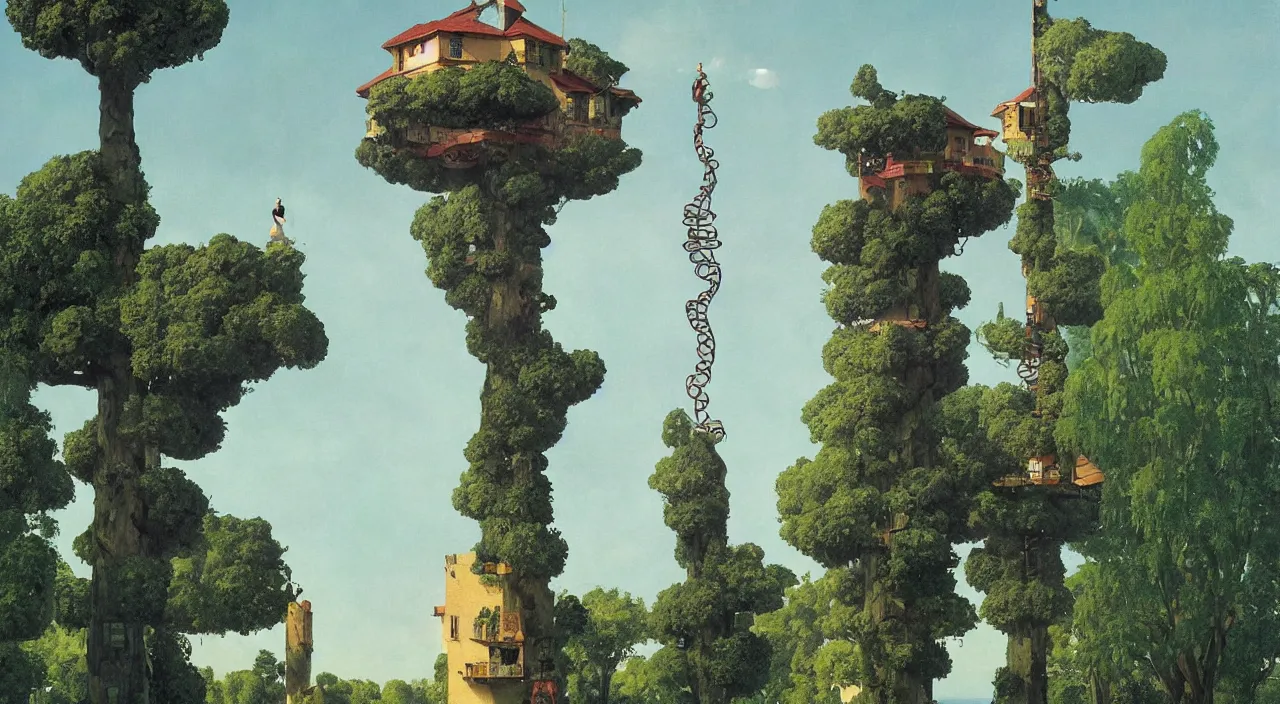 Prompt: single flooded simple snake tree tower!, very coherent and colorful high contrast!! masterpiece by rene magritte simon stalenhag carl spitzweg syd mead norman rockwell edward hopper james gilleard, minimalist, dark shadows, sunny day, hard lighting