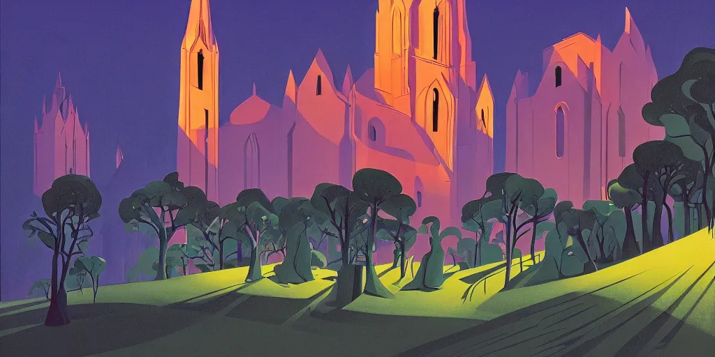 Image similar to church, gouache, animated film, stylised, illustration, by eyvind earle, scott wills, genndy tartakovski, syd mead