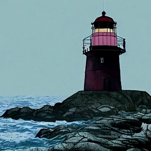 Image similar to the lighthouse directed by robert eggers, painted by hayao miyazaki,