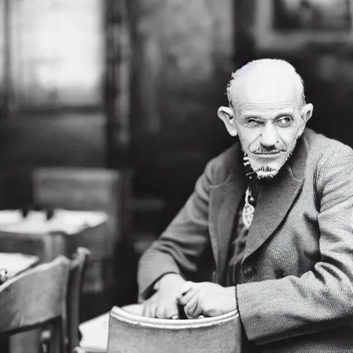 Prompt: photo of a frenchman from france seated in a restaurant ( ( ( in the year 1 9 2 0 ) ) ). 5 0 mm, studio lighting