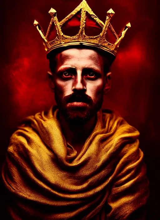 Image similar to 'Portrait of Crowned King Arthur' by Lee Jeffries royally decorated, whirling plasma, atmospheric motes, red and gold Sumptuous garb, gilt silk fabric, radiant colors, fantasy, perfect lighting, studio lit, micro details,