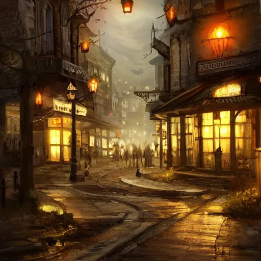 Prompt: this place is truly beautiful and the atmosphere is buzzing the town lights are glowing particularly brightly tonight, trending on artstation,