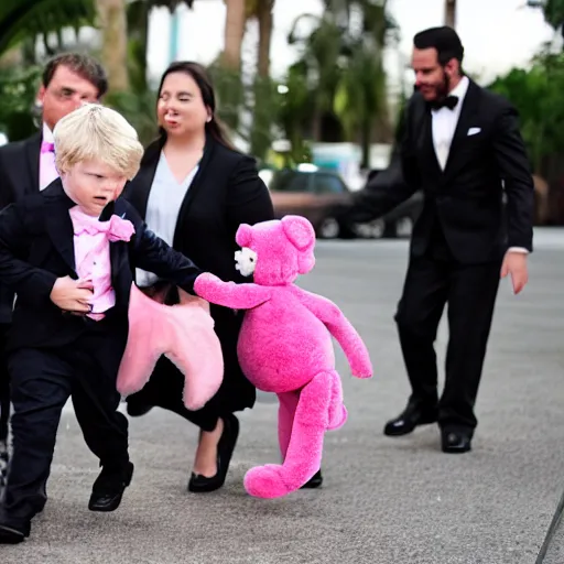 Image similar to little boy being taken away from family by a pink monkey wearing a black tie