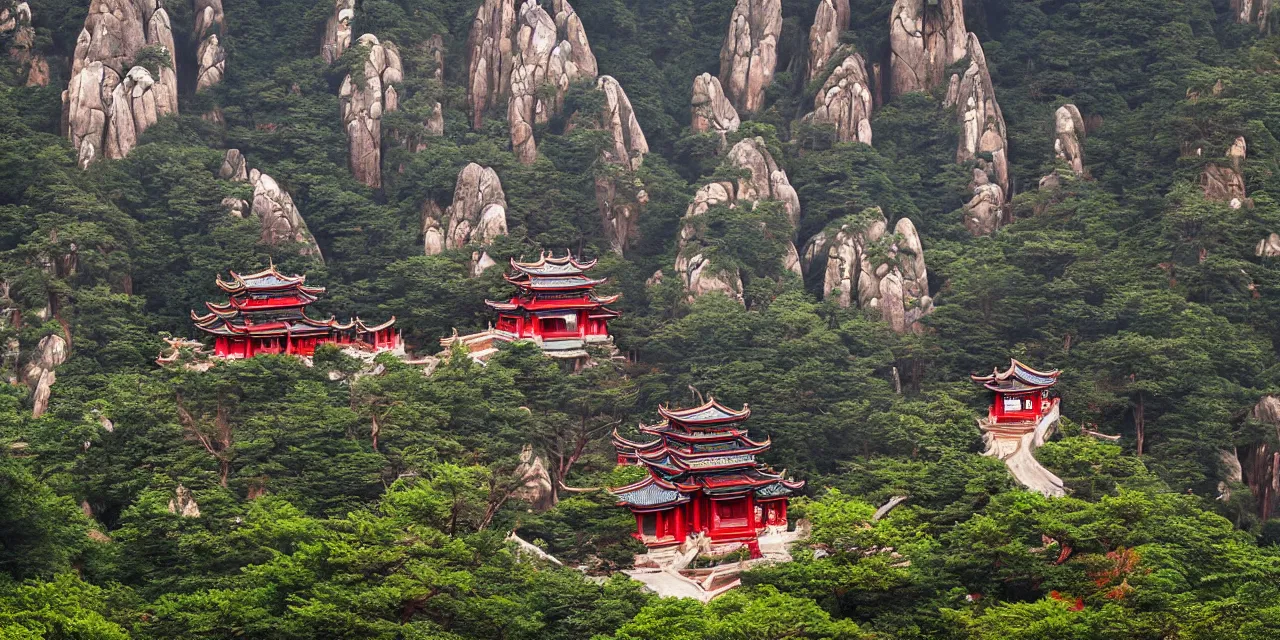 Prompt: taoist temples in huangshan, landscape by joos de momper