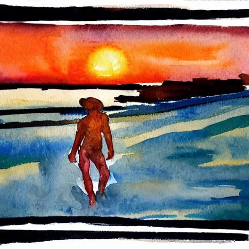 Image similar to water color painting of androgenous person on a beach against the sunset