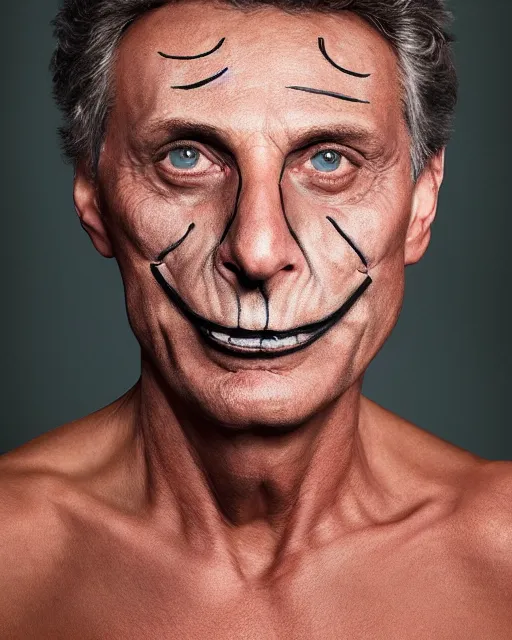 Prompt: president Mauricio Macri in Elaborate Cat Man Makeup and prosthetics designed by Rick Baker, Hyperreal, Head Shots Photographed in the Style of Annie Leibovitz, Studio Lighting