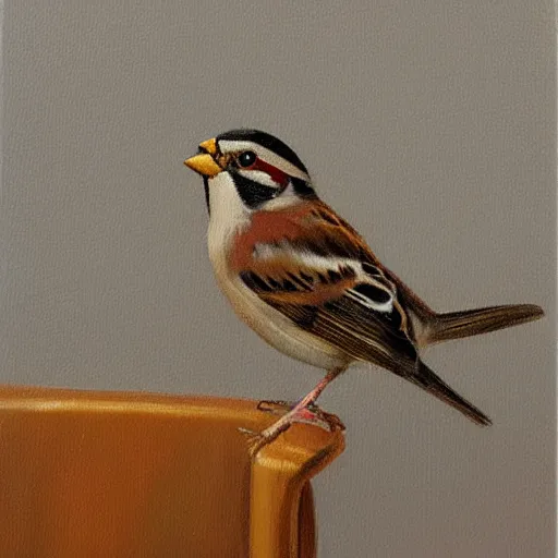 Image similar to an oil paiting of a sparrow perched on a chair, highly detailed, oleo, artstation, sharp focus, by diego velazquez