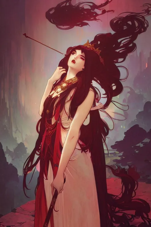 Prompt: poster artwork, girl bard in blood dress, medium shot, details, sharp focus, illustration, by jordan grimmer and alphonse mucha and greg rutkowski and pine ( ハイネ ) and 薯 子 imoko and 香