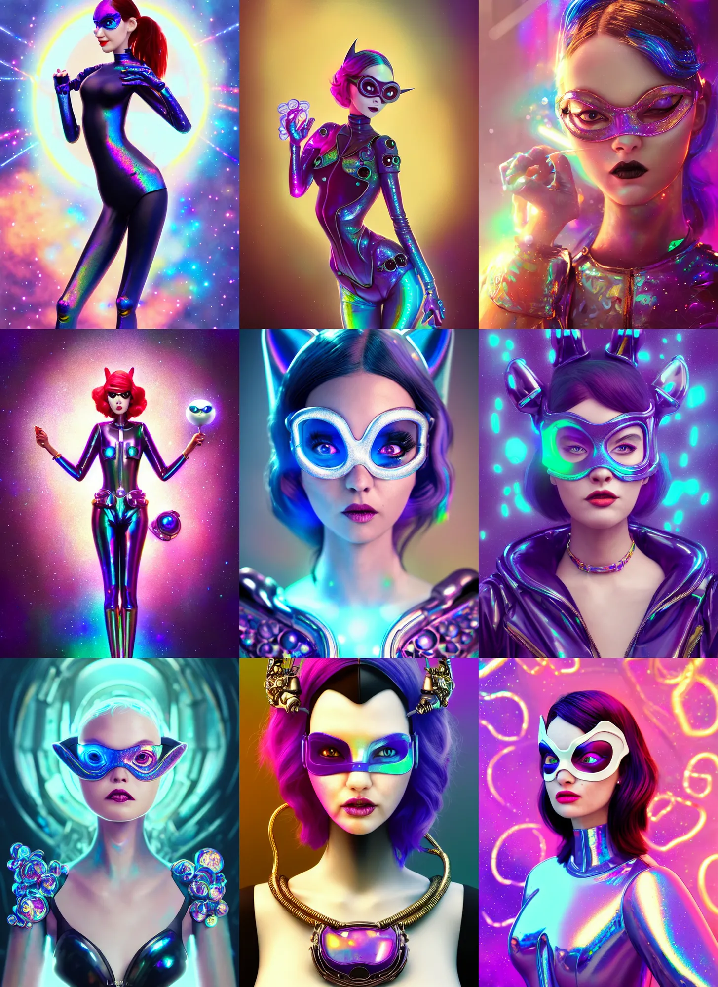 Prompt: pixar 8 k photo, beautiful shiny white porcelain rich galactic iridescent edc catwoman clowncore cyborg college girl, floral raver jewelry, golden ratio, sci fi, fantasy, cyberpunk, intricate, decadent, highly detailed, digital painting, octane render, artstation, concept art, smooth, sharp focus, illustration, art by loish, wlop