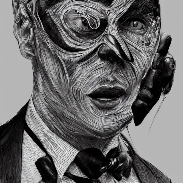 Image similar to man with black mask wearing suit and tie, an absurdly beautiful, elegant, young hypercolorful sensual gravure idol, ultrafine hyperrealistic detailed face illustration by kim jung gi, irakli nadar, intricate linework, sharp focus, bright colors, matte, octopath traveler, final fantasy, unreal engine highly rendered, global illumination, radiant light, intricate environment