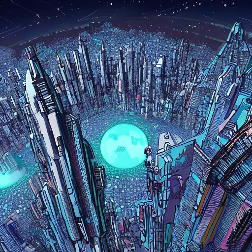 Image similar to asteroid with cyberpunk city on it