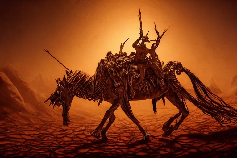 Image similar to the king in the desert dead on the ground, killed, red blood on gold sand, dark tragic scene, detailed scene, killed in war, fallen Crown, highly detailed, blood and dust, cinematic lighting, dramatic lighting, trending on artstation, elegant, intricate, tragedy, fantasy, D&D, highly detailed, digital painting, concept art