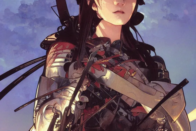 Prompt: close up of a wounded samurai in full armor on a battlefield, dusk, by fiona staples, range murata, alphonse mucha