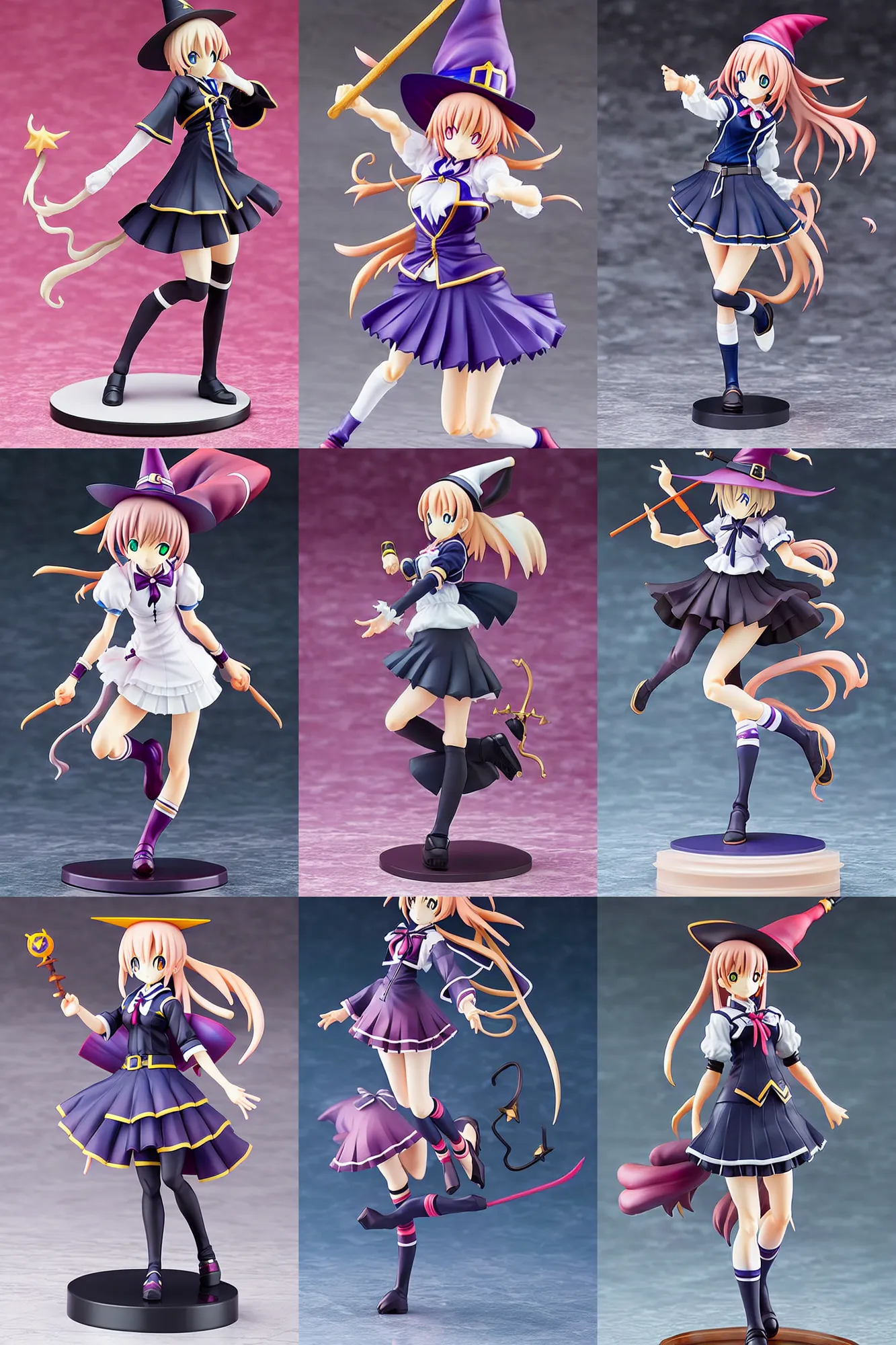 Prompt: still figurine of anime witch girl wearing magic school uniform, dynamic pose, detailed product photo, featured on amiami, beautiful composition, by akihiko yoshida